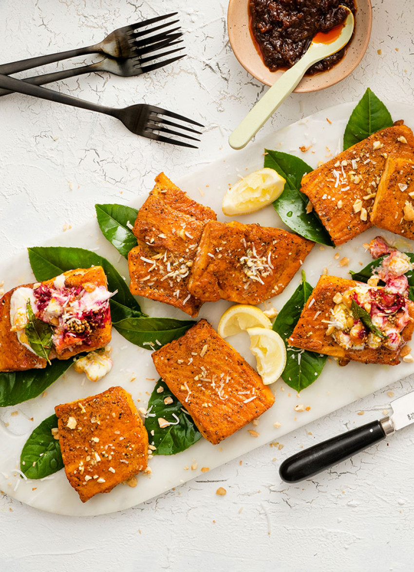 Spiced Salmon with Chickpea and Beetroot Raita Salad