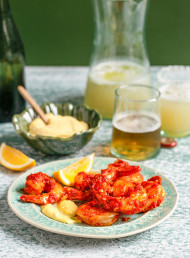 Spicy Harissa Prawns with Lemon and Garlic Aioli (gf)