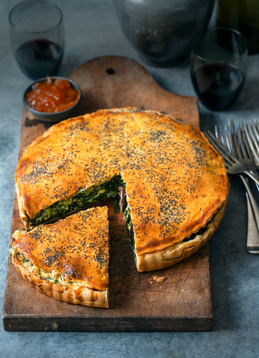 Spinach, Feta, Ricotta, Olive and Currant Pie 