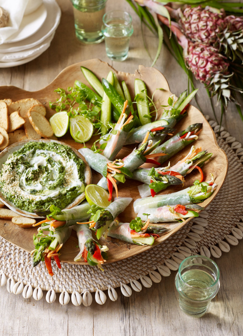Fresh Spring Rolls with Avocado, Miso and Baby Spinach Dip