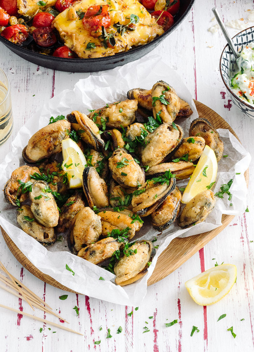 Sumac Fried Mussels with Tzatziki