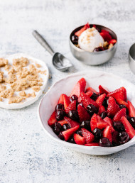Honeyed Strawberries and Cherries with Hazelnut and Rosemary Crumble