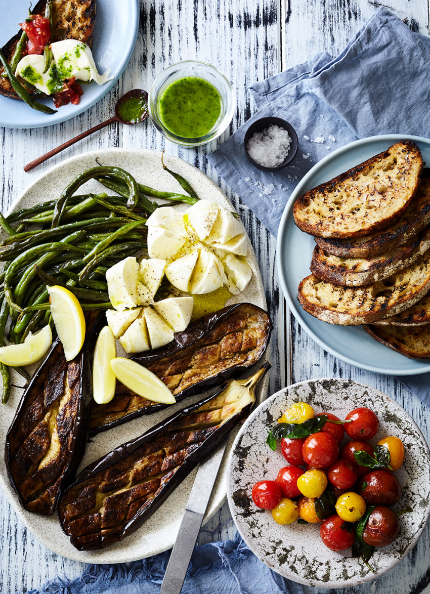Make Your Own Bruschetta: Roasted Green Beans, Eggplant and Mozzarella with Basil Dressing