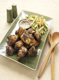 Thai Peppercorn Chicken with Hot and Sweet Dipping Sauce, and Cucumber and Peanut Salad
