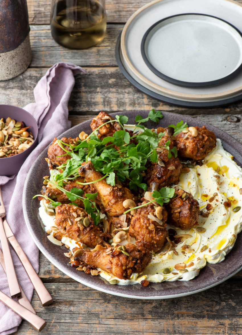 Tikka Chicken Drumsticks with Crunchy Seeded Topping and Saffron Yoghurt