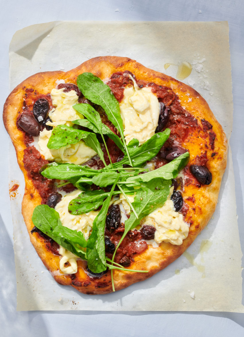 Tomato, Black Olive and Burrata Pizza