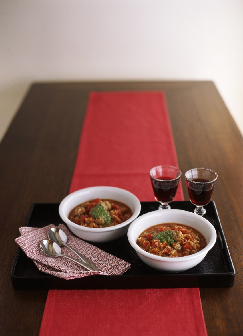 Tomato and Tiny Meatball Soup with Pesto