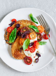 Crumbed Fried Eggplant with Burrata, Tomatoes and Olives