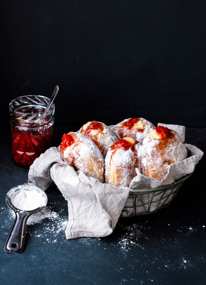 Valentine's Doughnuts with Roasted Strawberries and Vanilla Custard Cream