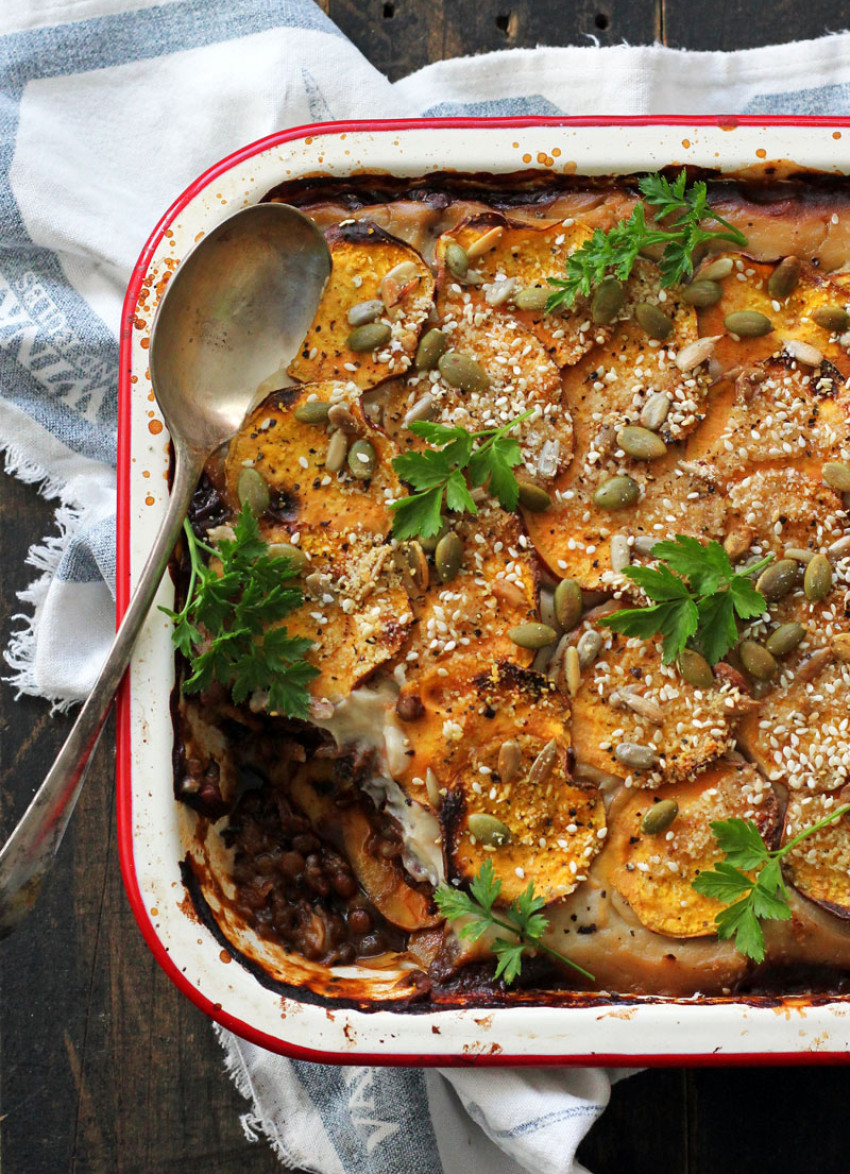 Vegan "Lasagne" with Creamy Cauliflower Sauce and Sweet Potato