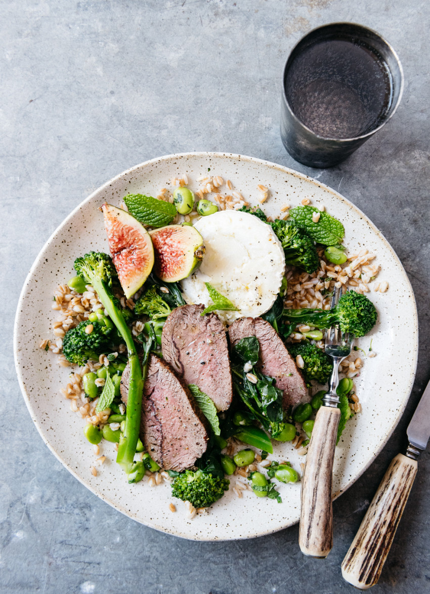 Venison with Goat’s Cheese, Figs and Honey on a Farro and Broad Bean Salad