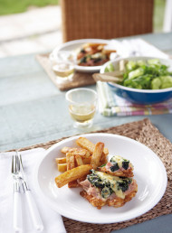 Sauted Chicken with Spinach and Ham and Oven Fries