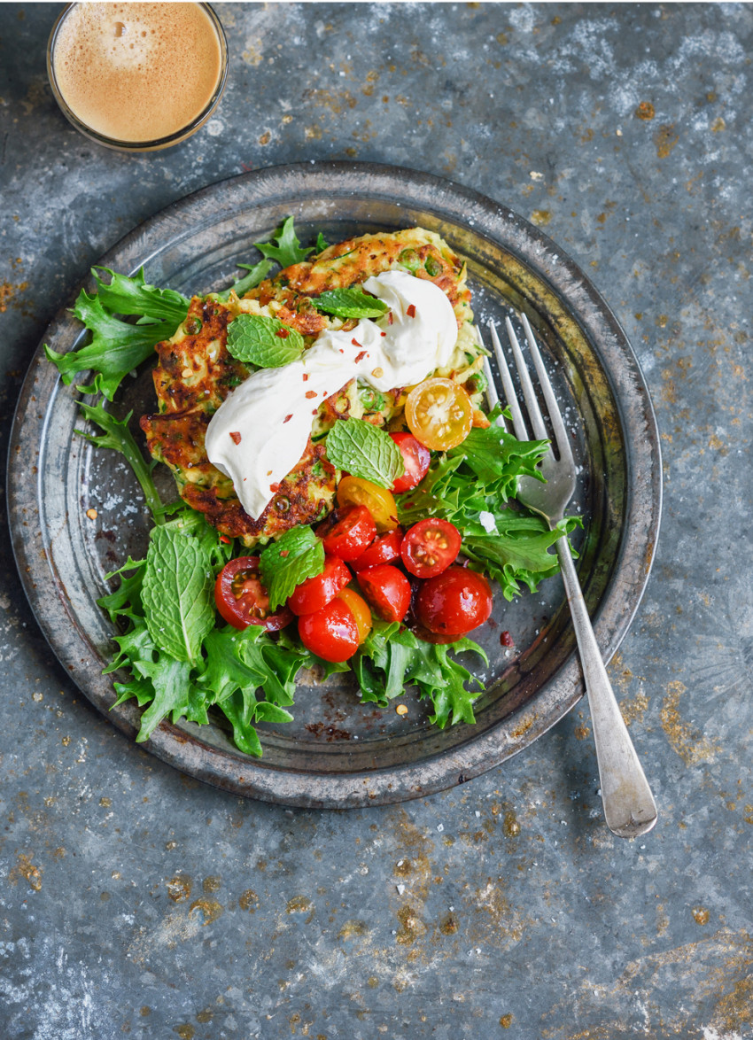 Zucchini and Pea Fritters with Feta Yoghurt Whip