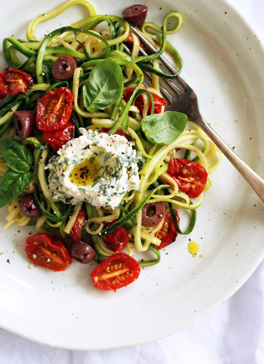 Zucchini Pasta with Slow Roasted Tomatoes, Olives and Herb Ricotta